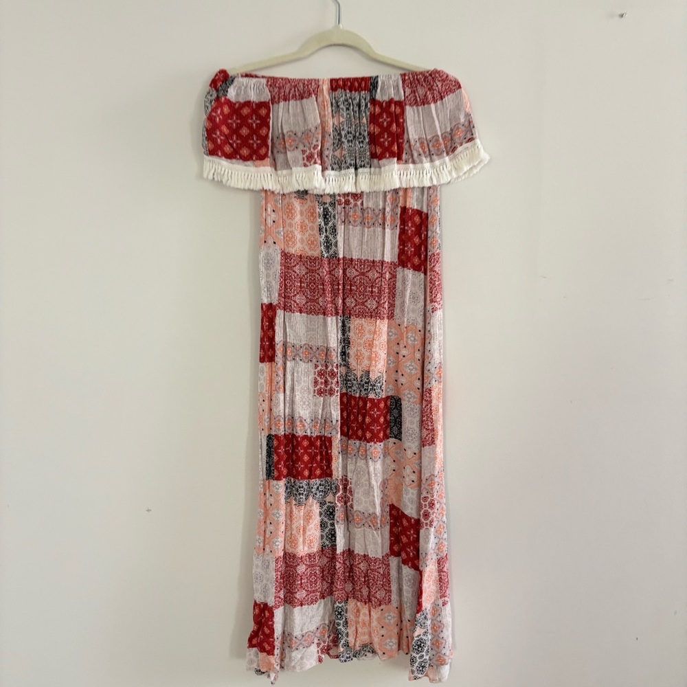 Off-Shoulder Patchwork Maxi Dress in Red & Peach